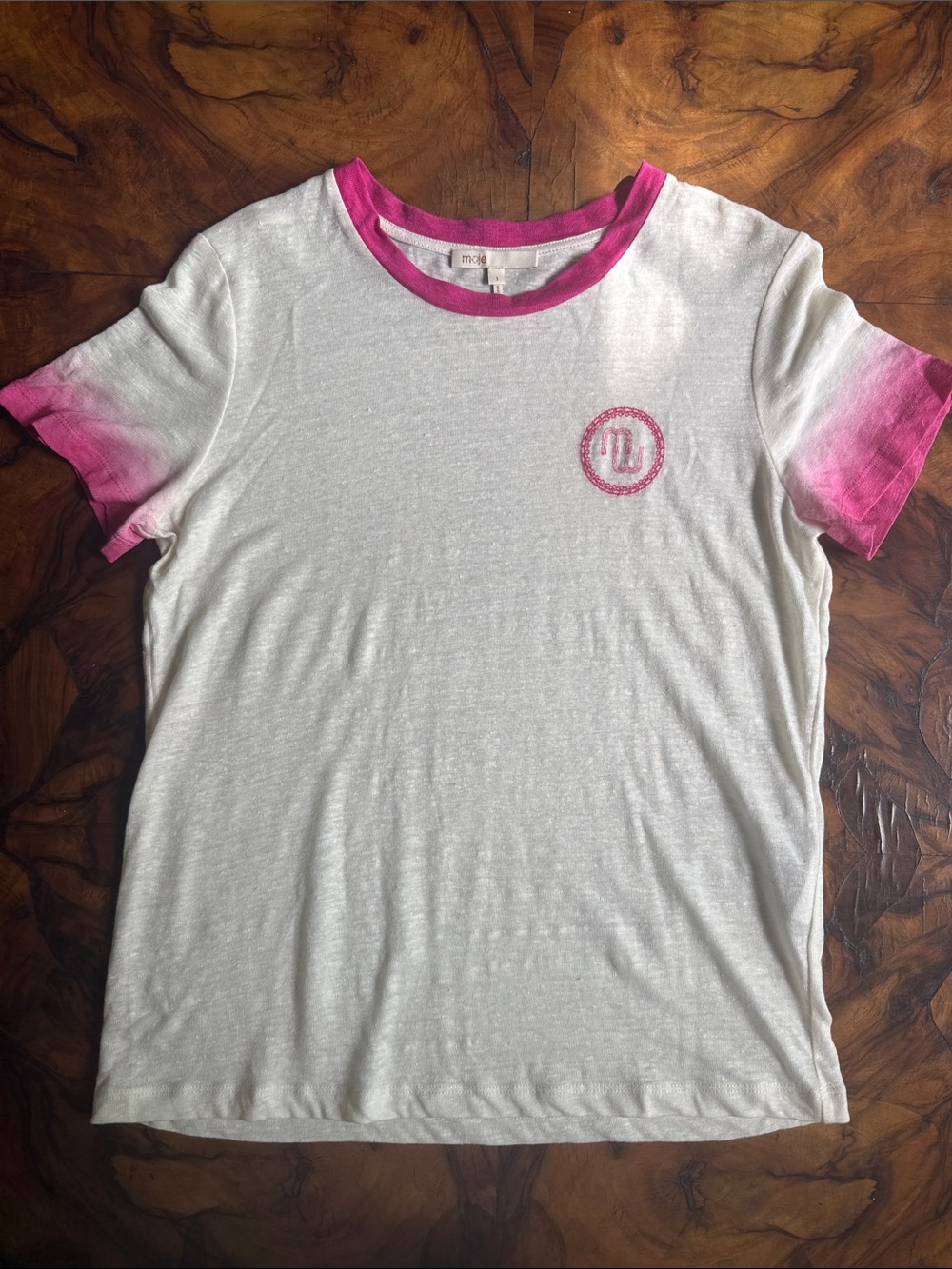 White Tee with Pink Trim & Sleeve Dip Dye